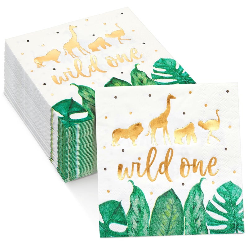 Sparkle and Bash 50 Pack Wild One Napkins for Jungle Safari First Birthday Party Supplies, Animal Print Napkins for Boys or Girls Party, Green Leaves with Gold Foil Accents (5 x 5 In) - Image 1